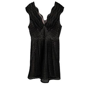REISS Marianna Black Structured Lace V-Neck Fit & Flare Mini Dress 10